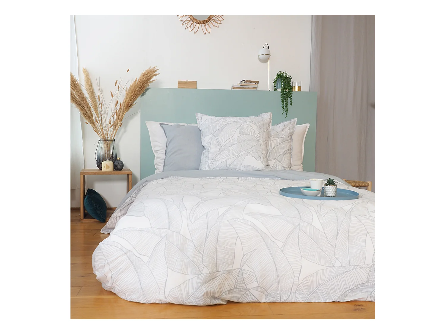 Parure de lit 240x220 cm Coton et Lin lavé PAMPELUNE Vert 3 pièces