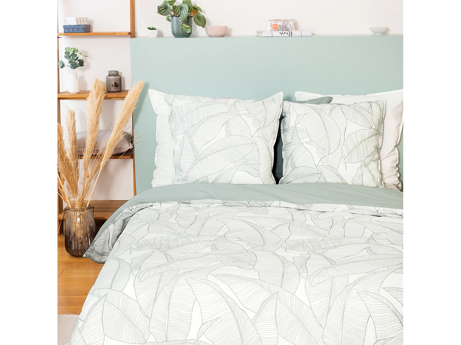 Parure de lit 240x220 cm Coton et Lin lavé PAMPELUNE Vert 3 pièces