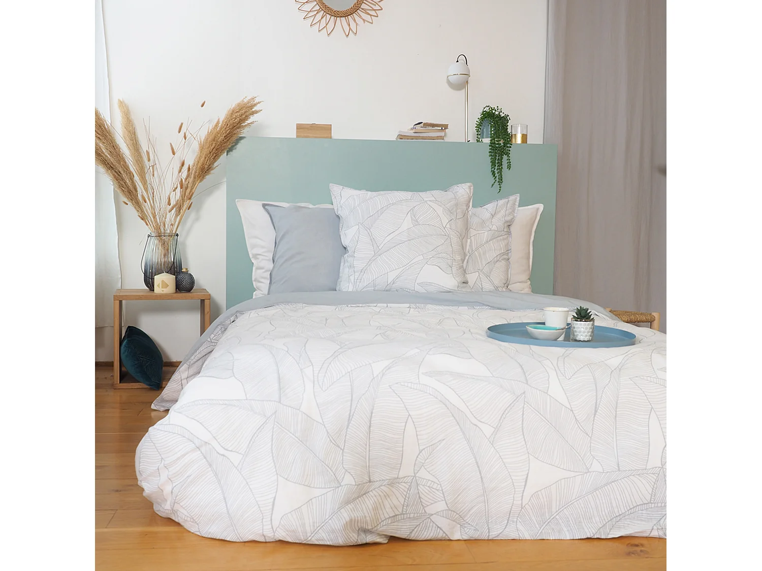 Parure de lit 240x220 cm Coton et Lin lavé PAMPELUNE Vert 3 pièces