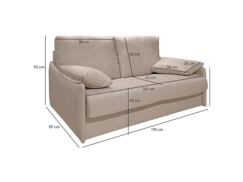 Canapé 2 places convertible tissu beige couchage 140x190 cm - ARONA