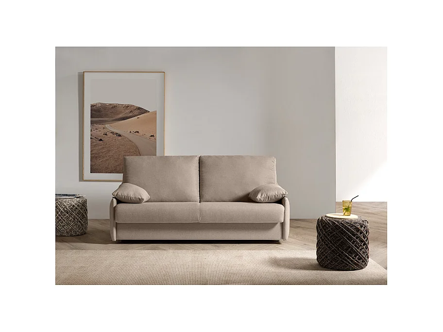 Canapé 2 places convertible tissu beige couchage 140x190 cm - ARONA