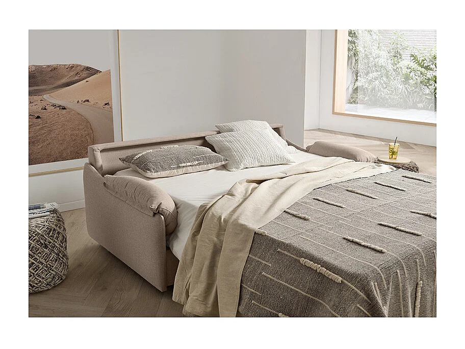 Canapé 2 places convertible tissu beige couchage 140x190 cm - ARONA
