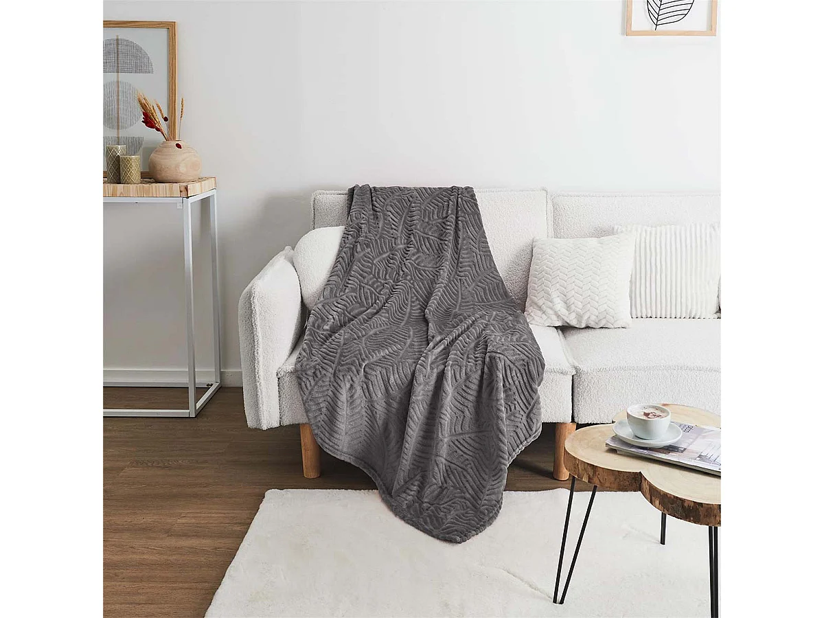 Plaid Flanelle 150x200cm Embossé Motif Feuilles Gris - FLONY