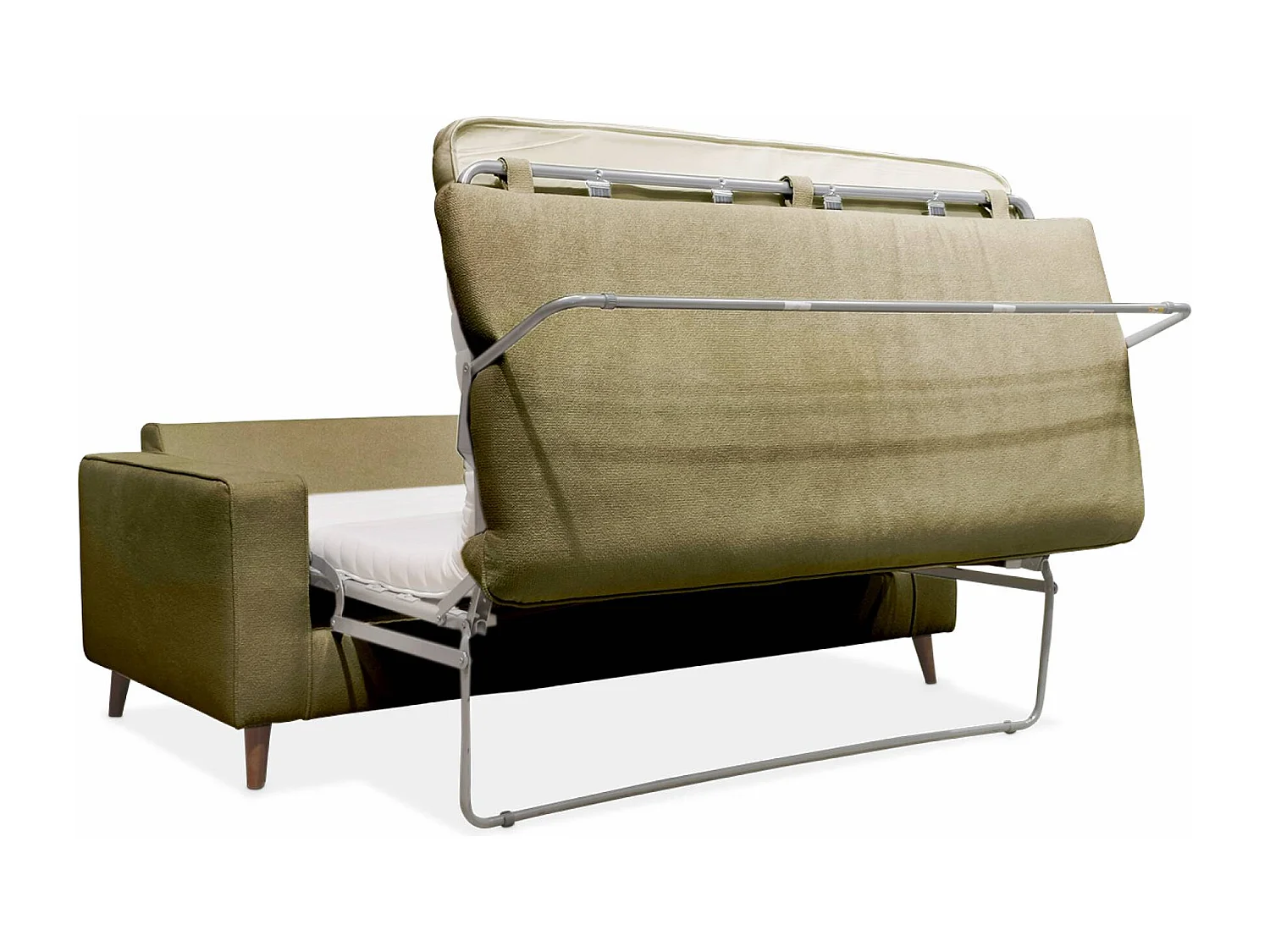 Canapé lit 3 places vert olive avec matelas 12cm d'épaisseur. fabriqué en France