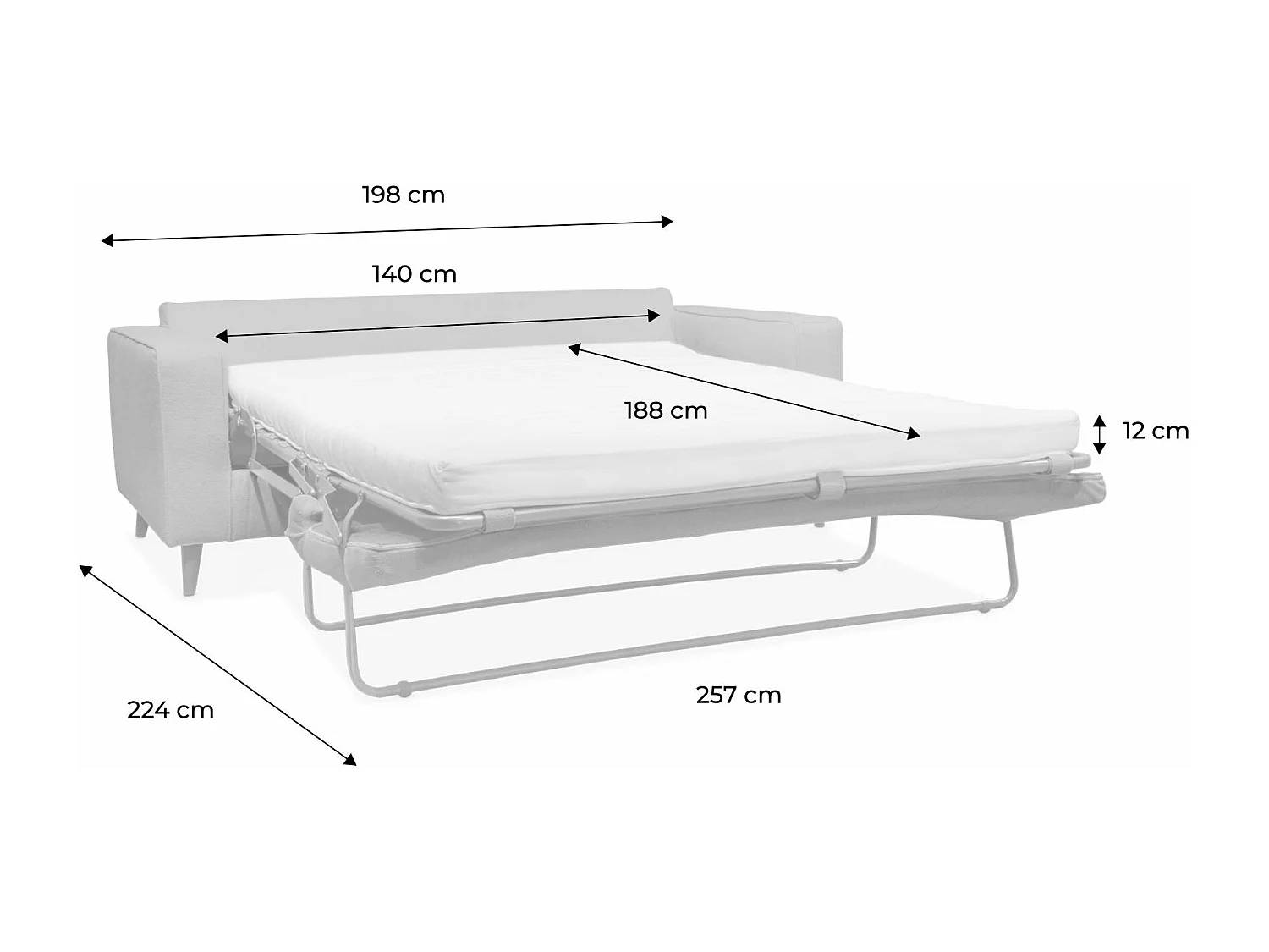 Canapé lit 3 places vert olive avec matelas 12cm d'épaisseur. fabriqué en France