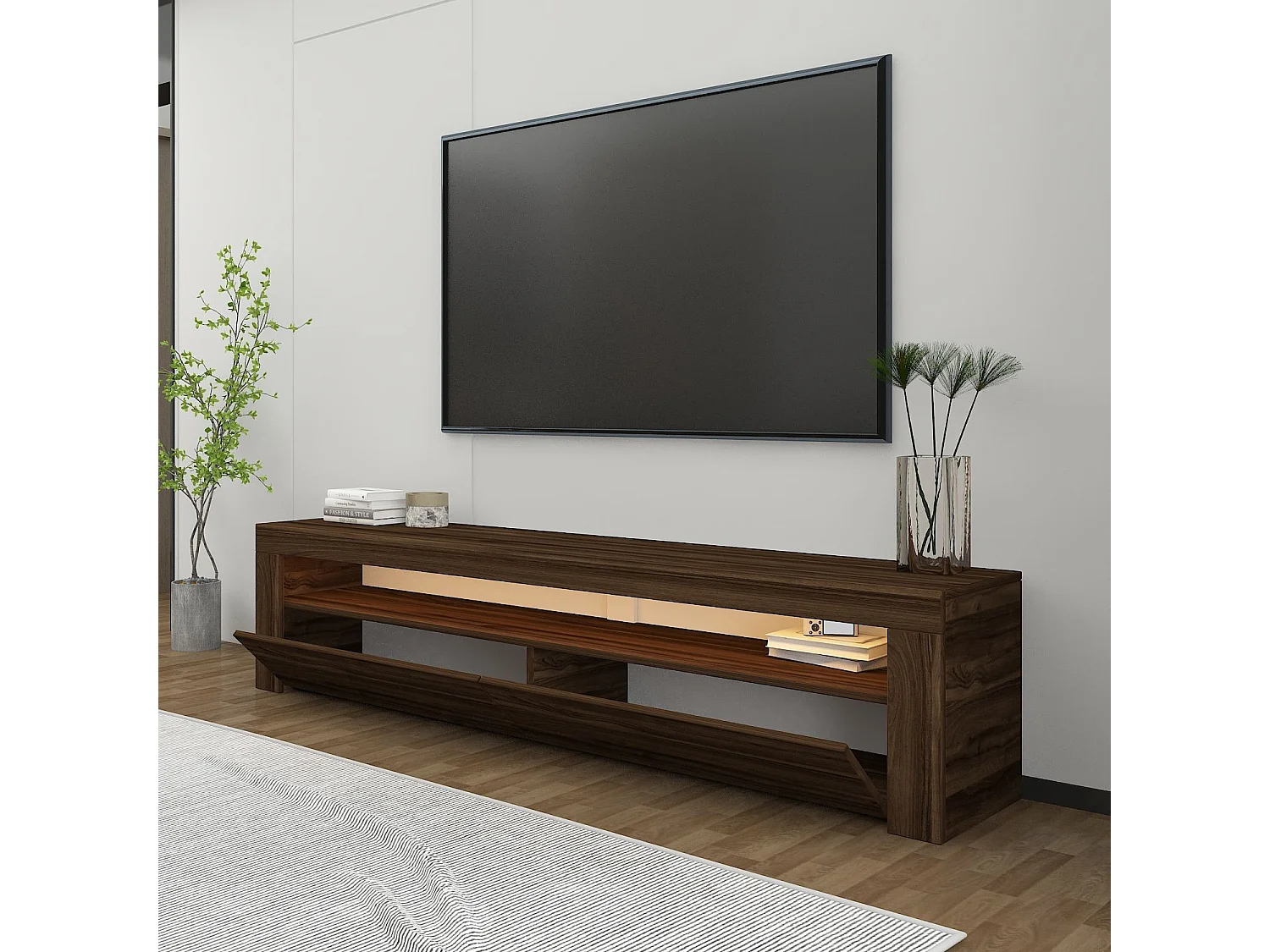 "Bati" Houten TV-standaard - Bruin, LED-verlichting, Muurbevestiging - 150 x 36 x 46 cm