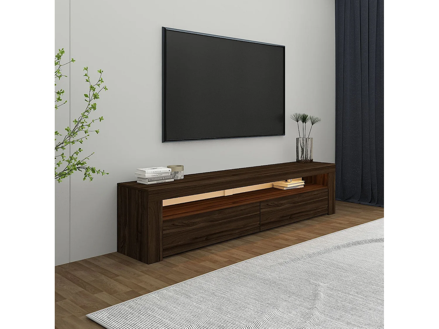 "Bati" Houten TV-standaard - Bruin, LED-verlichting, Muurbevestiging - 150 x 36 x 46 cm