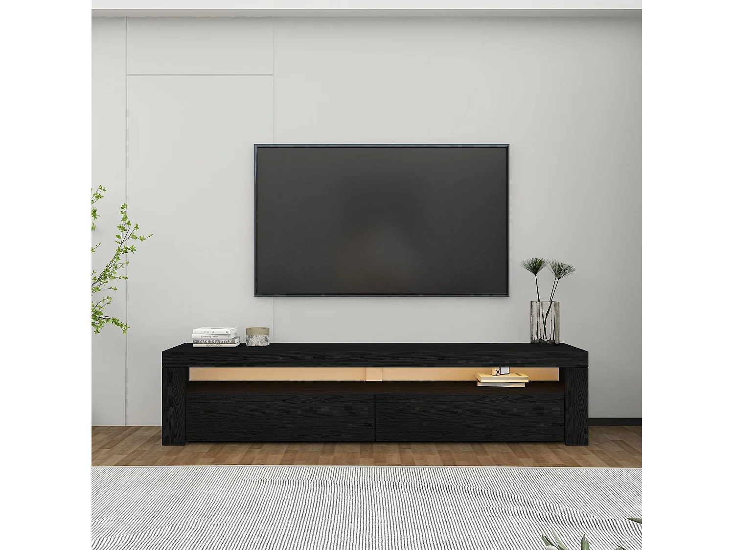Moderne Zwarte Houten TV-standaard "Bati" - LED-verlichting - 150 x 36 x 46 cm - Hanah Home Collectie