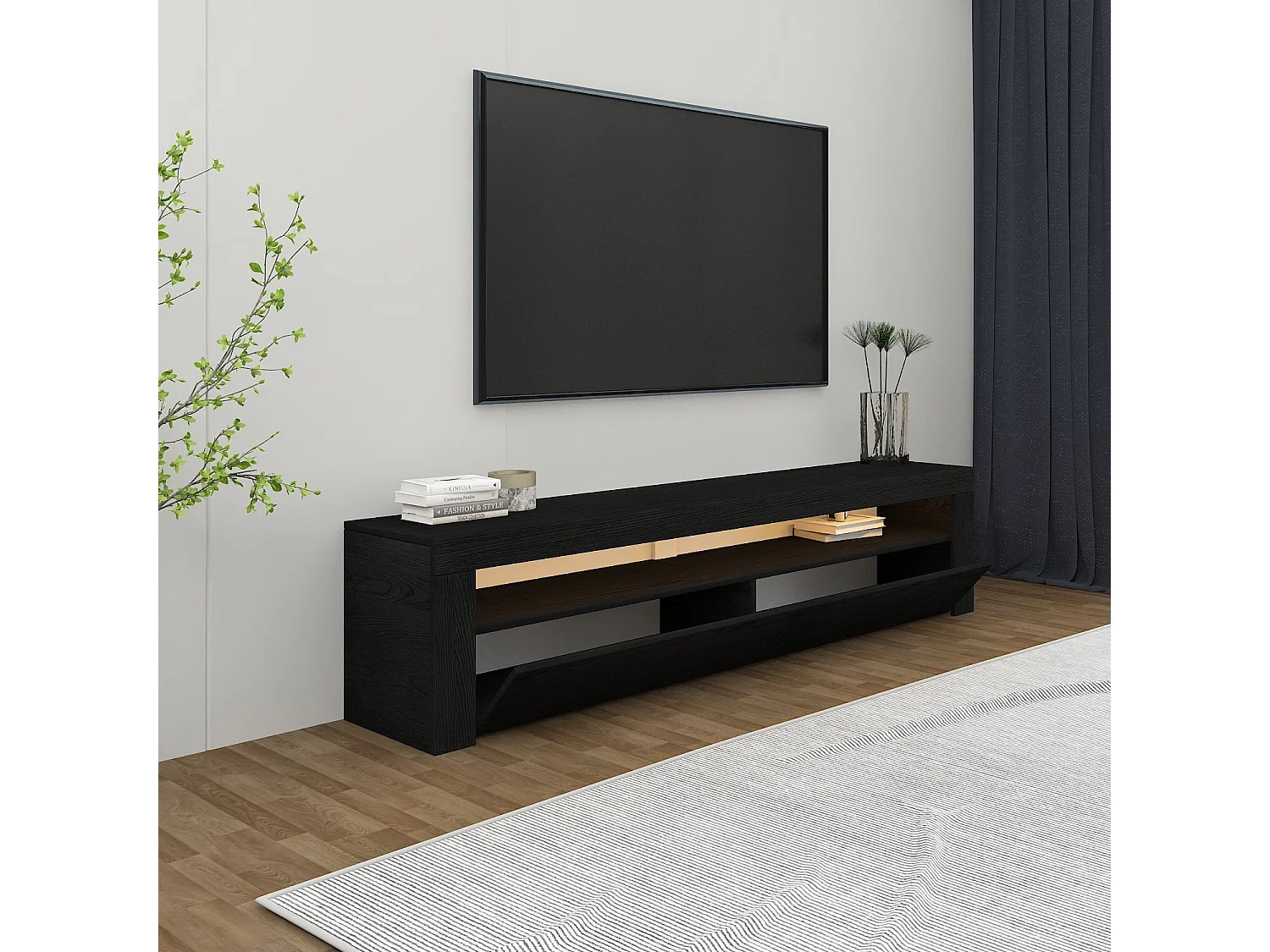 Moderne Zwarte Houten TV-standaard "Bati" - LED-verlichting - 150 x 36 x 46 cm - Hanah Home Collectie