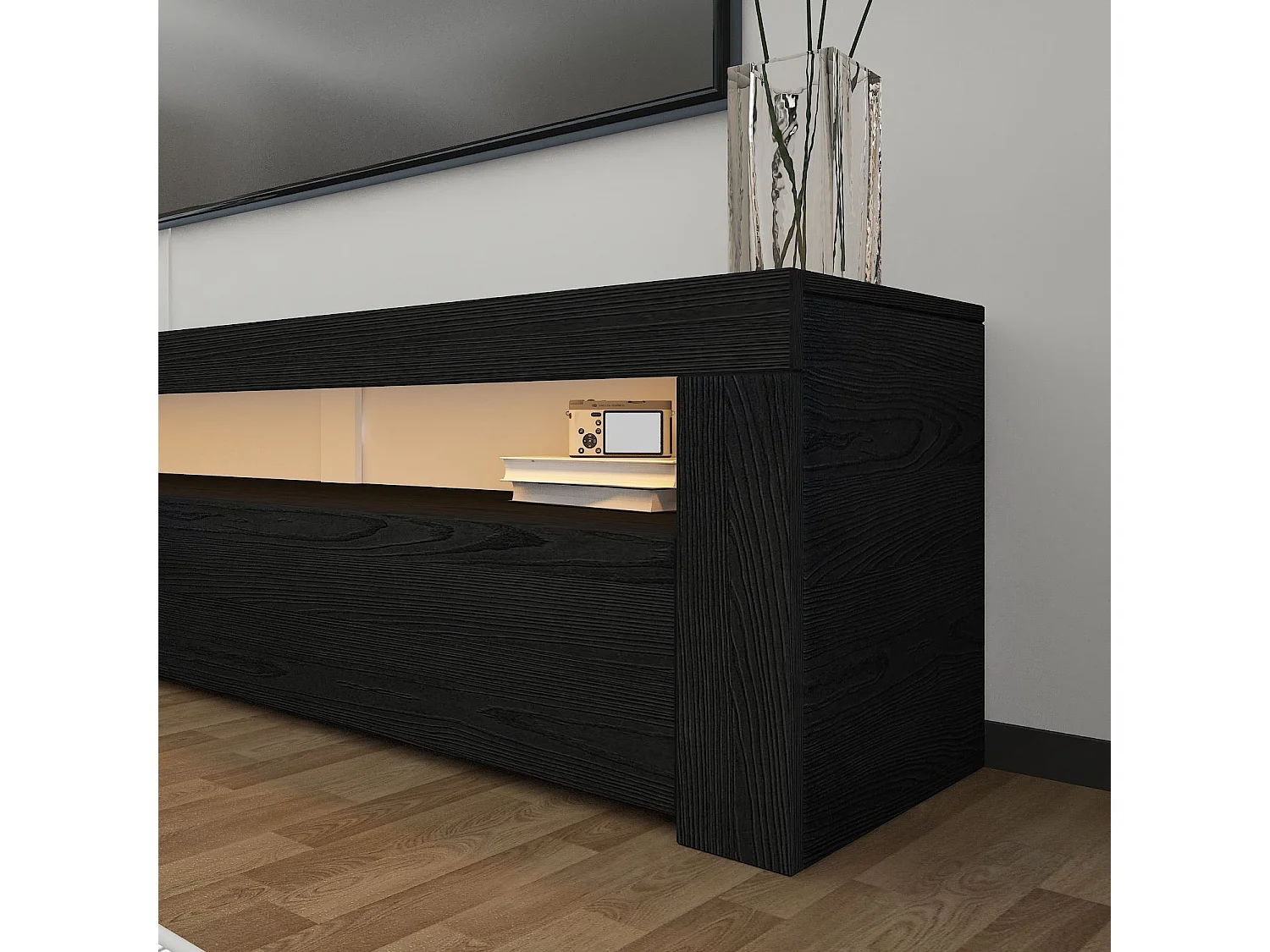 Moderne Zwarte Houten TV-standaard "Bati" - LED-verlichting - 150 x 36 x 46 cm - Hanah Home Collectie