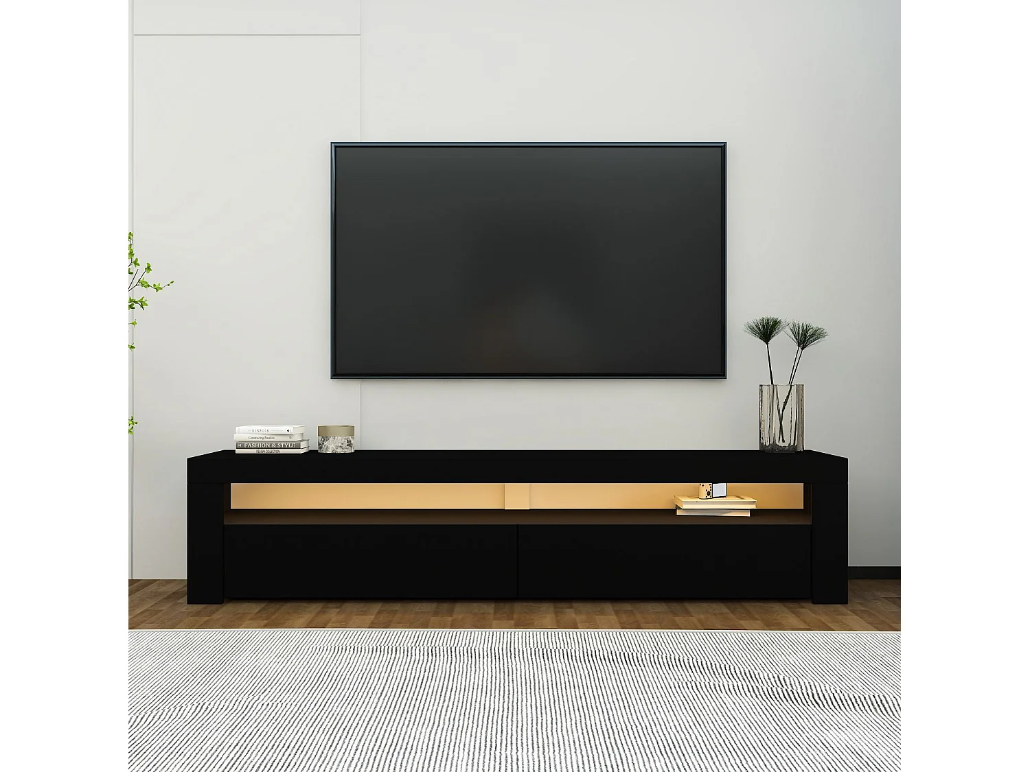 "Bati" Svart Trä TV-bänk - LED-belysning - 150 x 36 x 46 cm - Hanah Home Collection