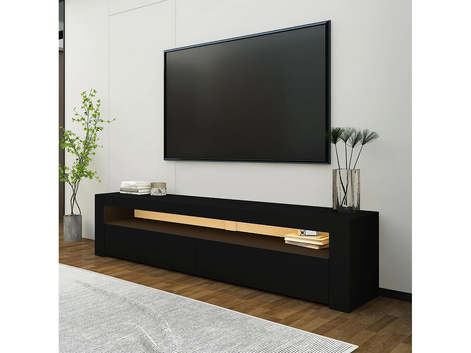 "Bati" Svart Trä TV-bänk - LED-belysning - 150 x 36 x 46 cm - Hanah Home Collection