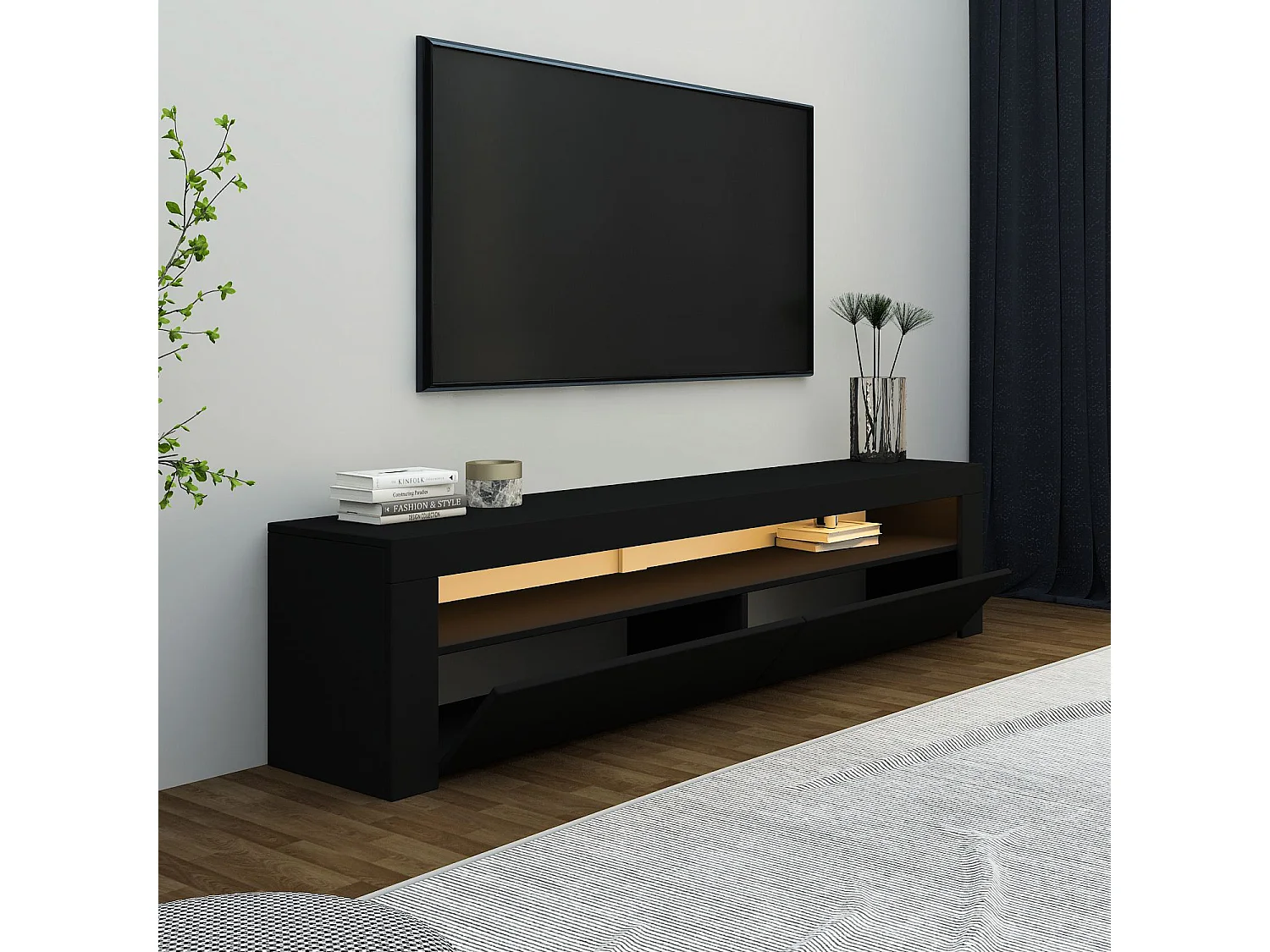 "Bati" Svart Trä TV-bänk - LED-belysning - 150 x 36 x 46 cm - Hanah Home Collection