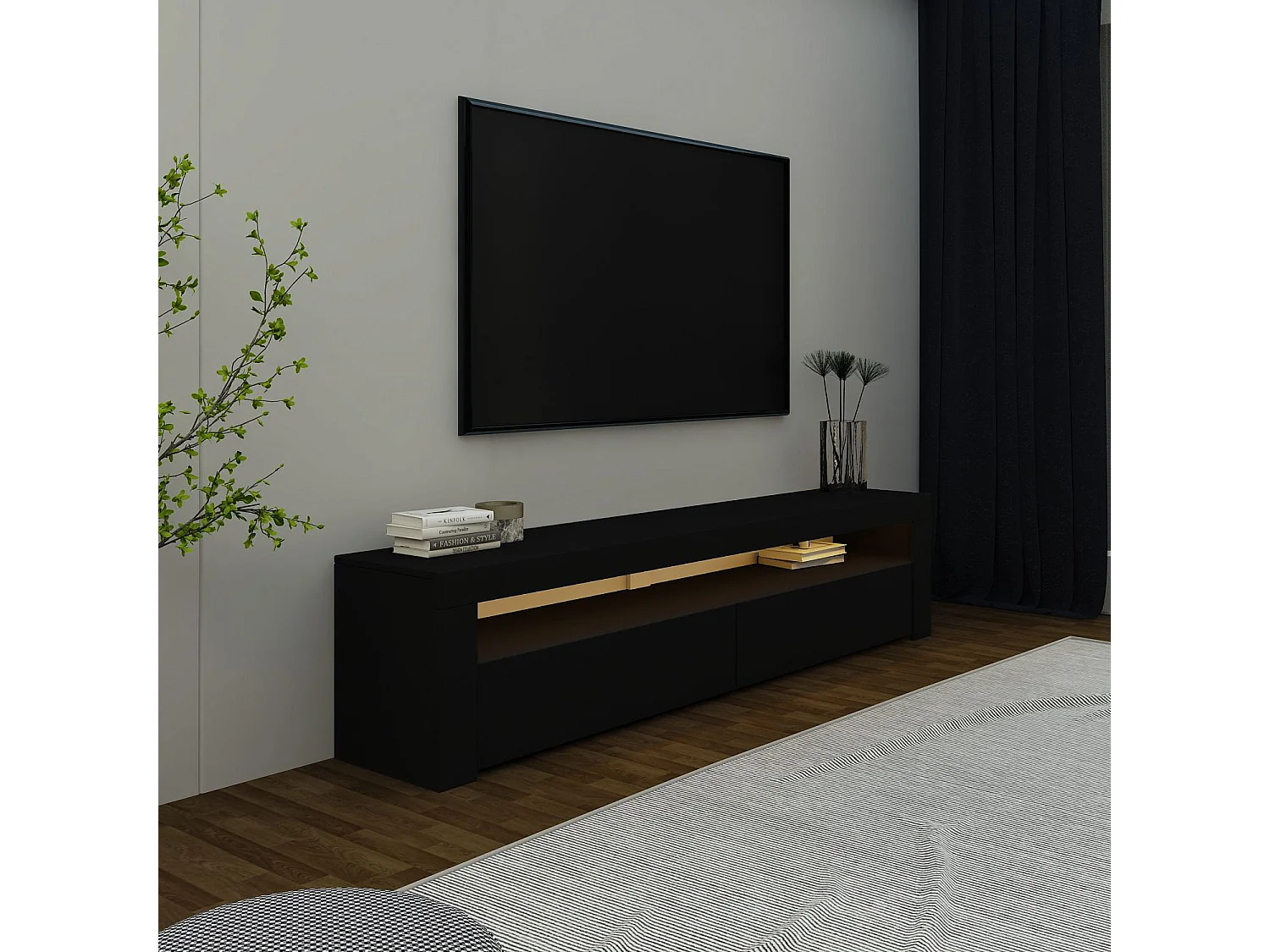 "Bati" Svart Trä TV-bänk - LED-belysning - 150 x 36 x 46 cm - Hanah Home Collection