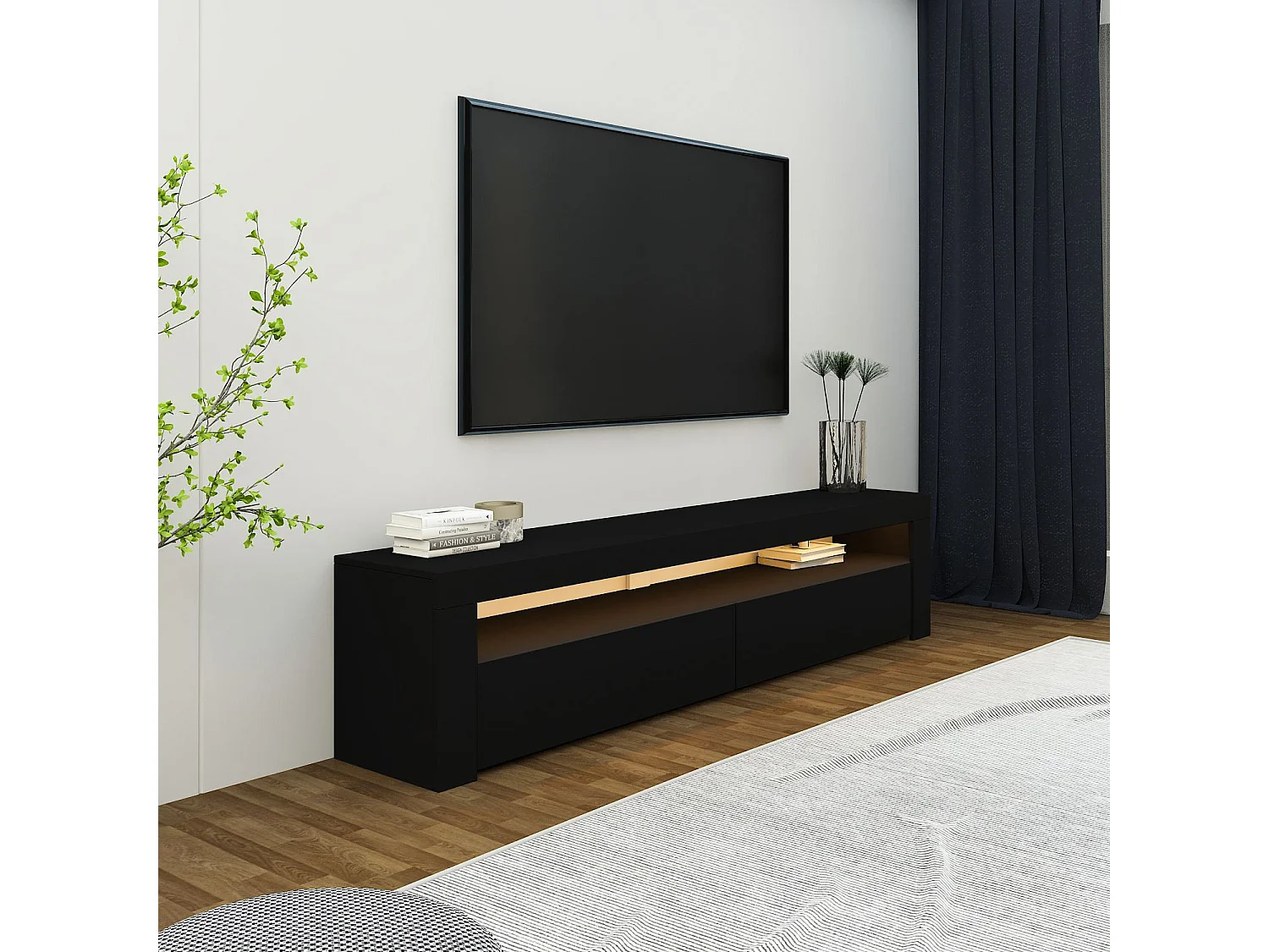 "Bati" Svart Trä TV-bänk - LED-belysning - 150 x 36 x 46 cm - Hanah Home Collection