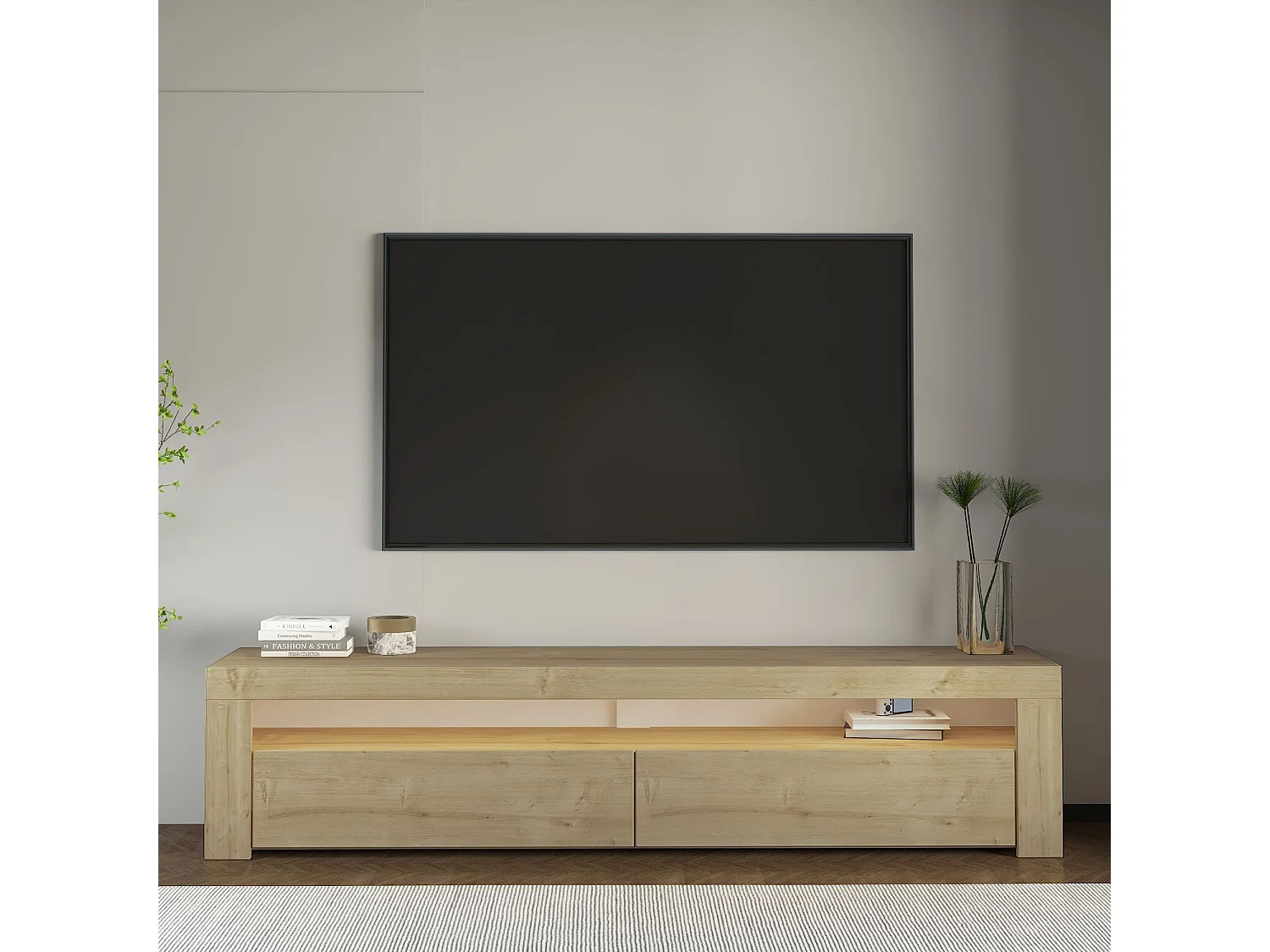 "Bati" Houten TV-standaard - Beige, LED-verlichting, Wandmontage, 150 x 36 x 46 cm