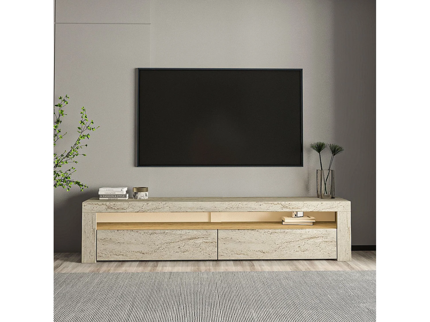 "Bati" Houten TV-standaard - Travertin - LED-verlichting - 150 x 36 x 46 cm - Hanah Home Collectie