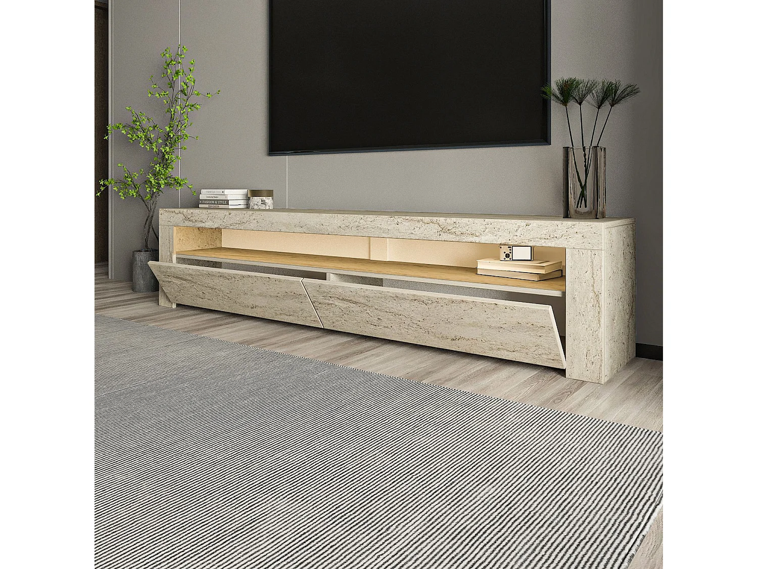 "Bati" Houten TV-standaard - Travertin - LED-verlichting - 150 x 36 x 46 cm - Hanah Home Collectie