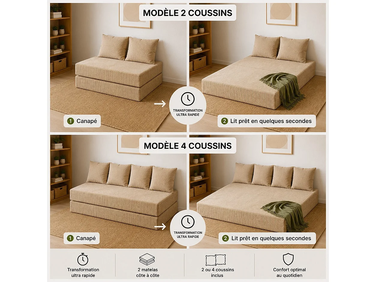 Canapé droit convertible LAYALI + 4 pl, déhoussable
