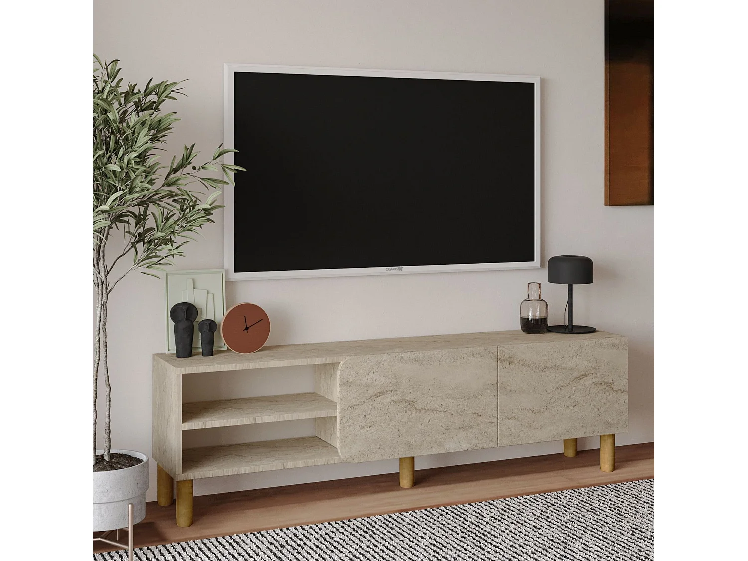 Meuble TV en bois "River" - 150 x 31 x 48 cm - Travertin
