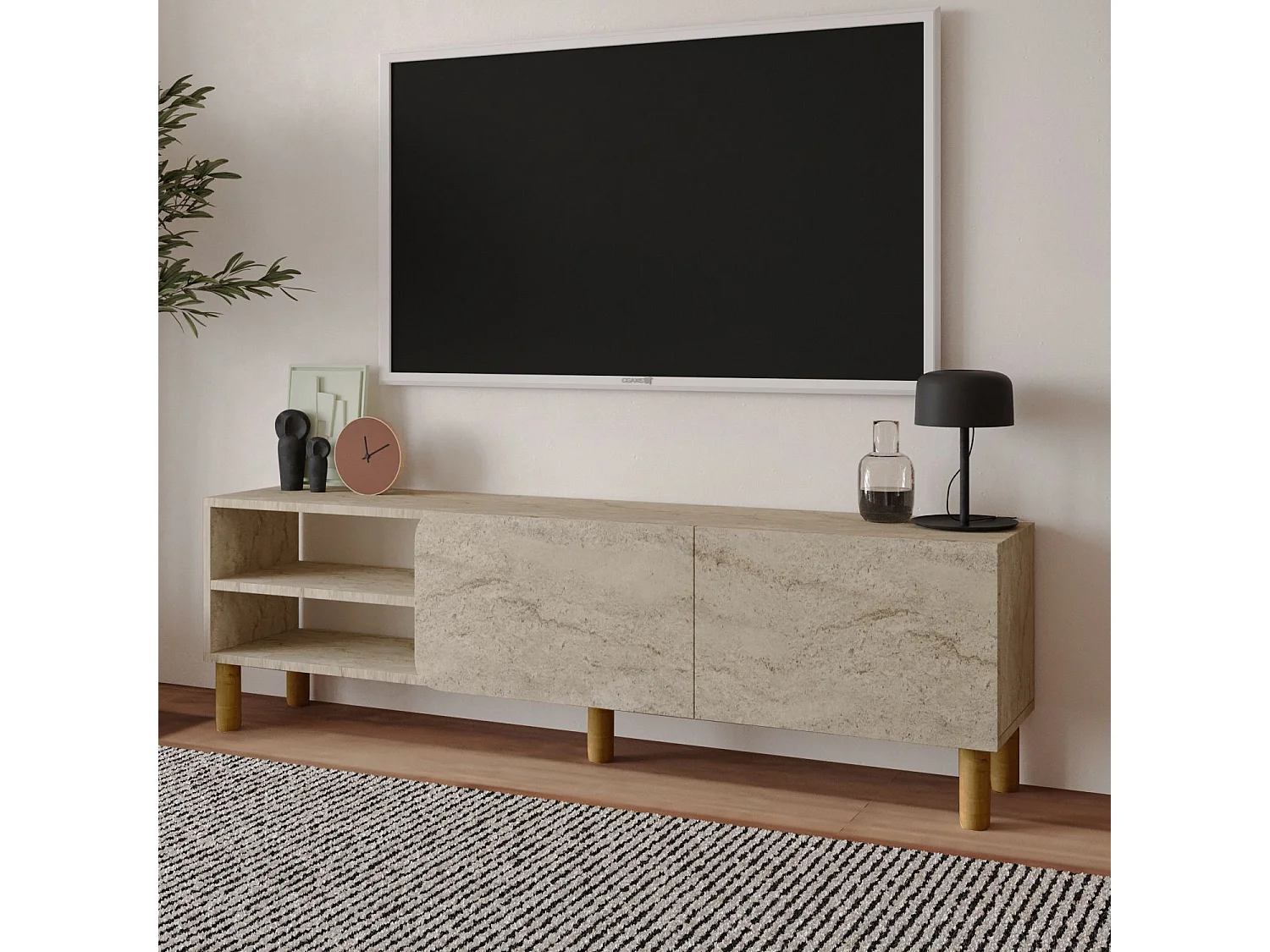 Meuble TV en bois "River" - 150 x 31 x 48 cm - Travertin