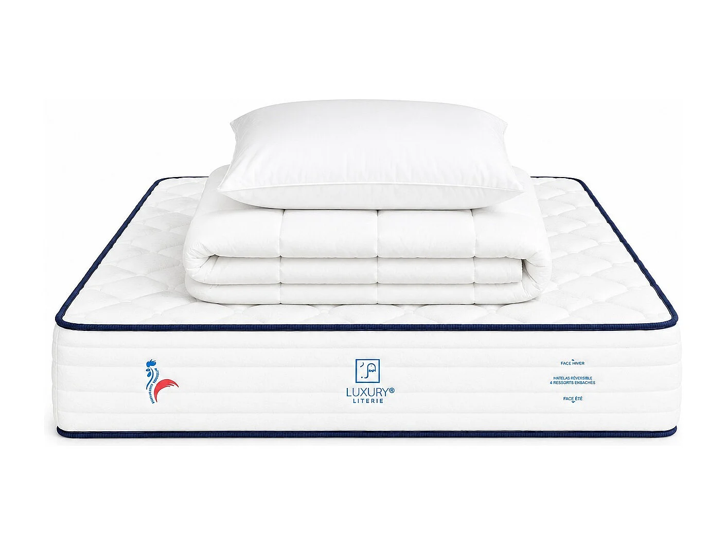 Matelas Patriote, 30cm, Ressorts Ensachés, Indépendance du Couchage, Soutien ferme + oreiller(s) + couette
