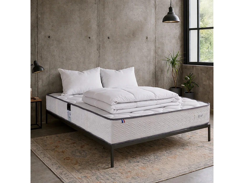 Matelas Iris, 20 cm, mousse haute densité, ferme, réversible + oreiller(s) + couette