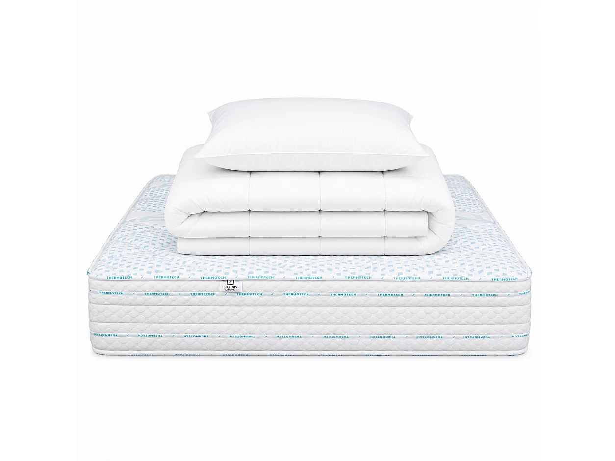 Matelas Thermotec, 22 cm, mousse haute densité, ferme, réversible + oreiller(s) + couette