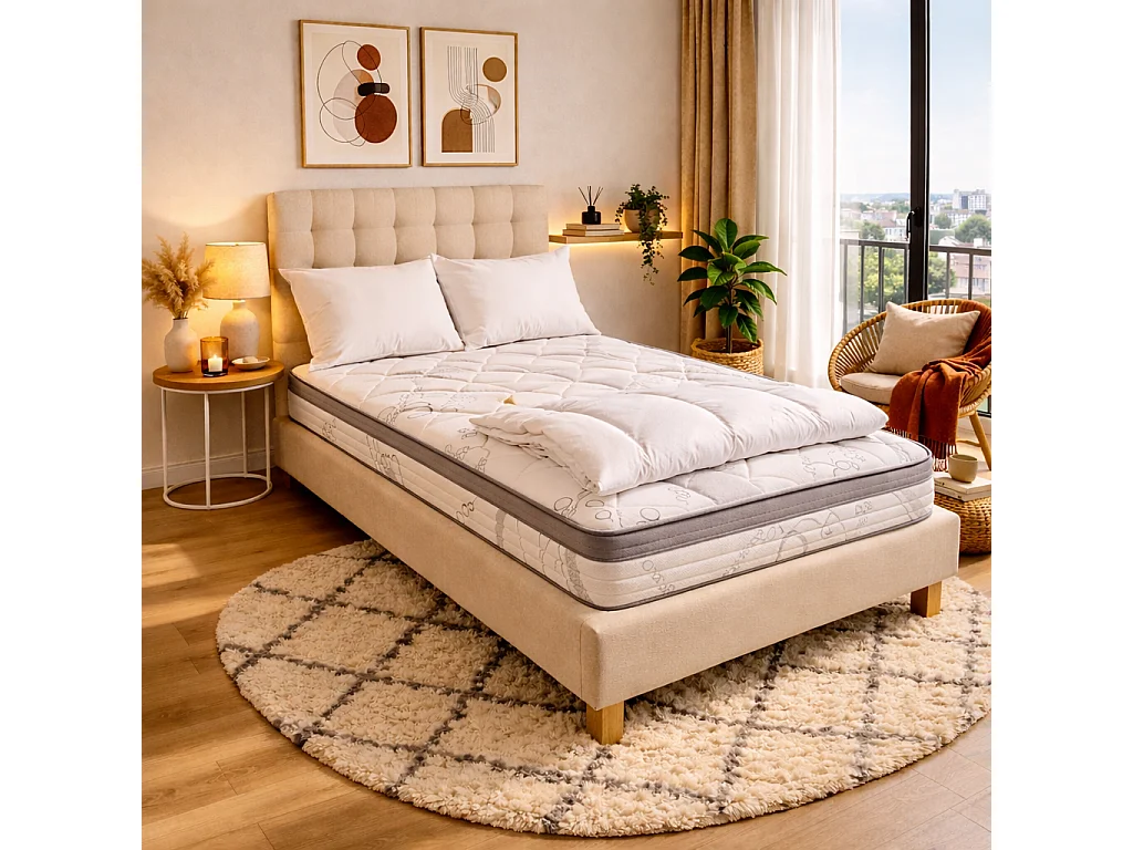 Ensemble matelas Relaxation, 27 cm, ressorts ensachés, Equilibré, réversible + sommier beige ep20cm + oreiller + couette + Tête de Lit