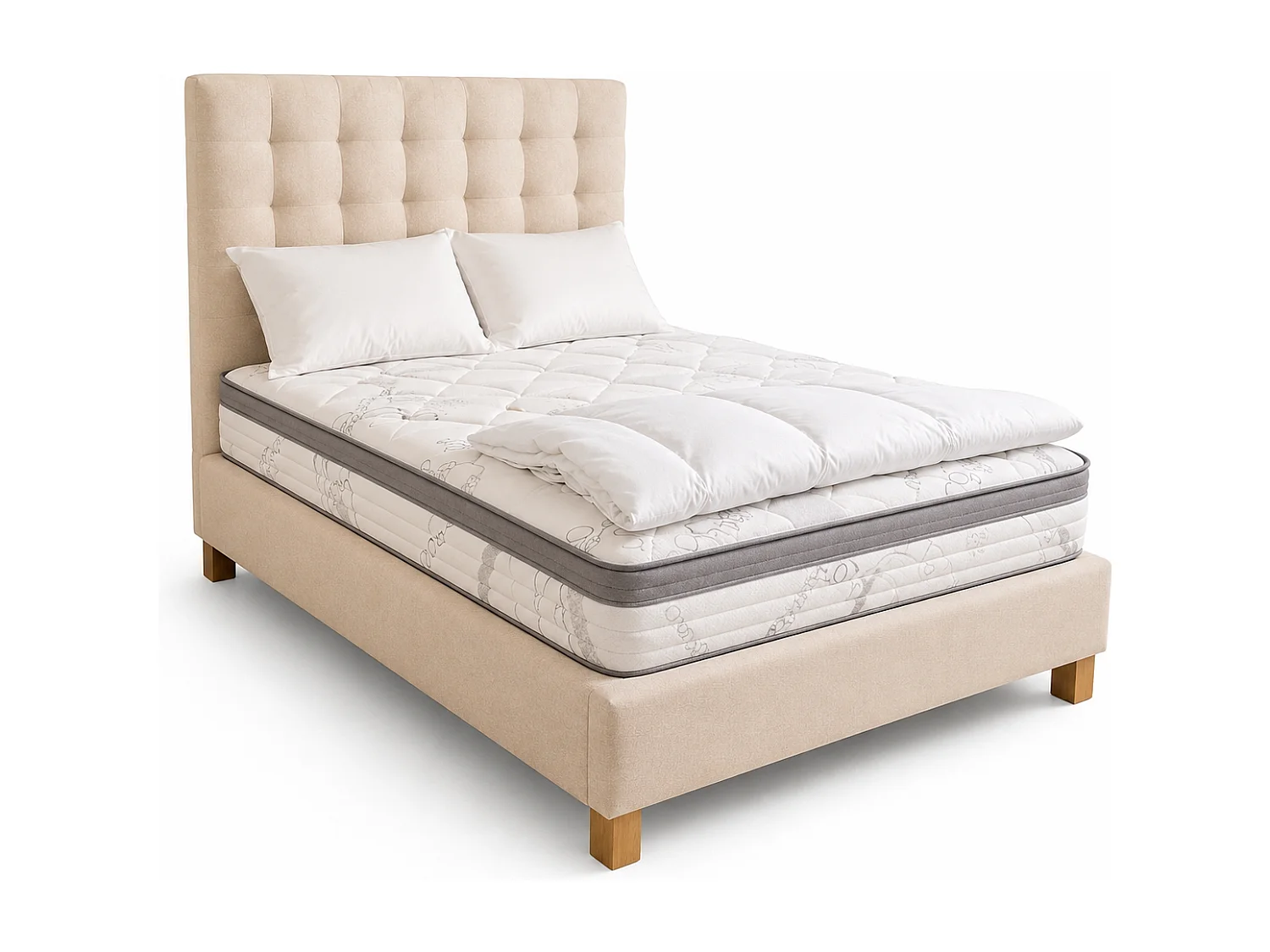 Ensemble matelas Relaxation, 27 cm, ressorts ensachés, Equilibré, réversible + sommier beige ep20cm + oreiller + couette + Tête de Lit