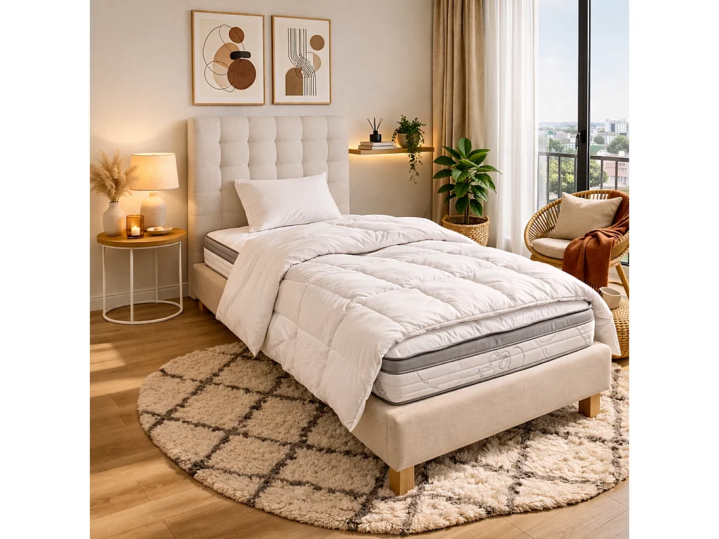 Ensemble matelas Relaxation, 27 cm, ressorts ensachés, Equilibré, réversible + sommier beige ep20cm + oreiller + couette + Tête de Lit