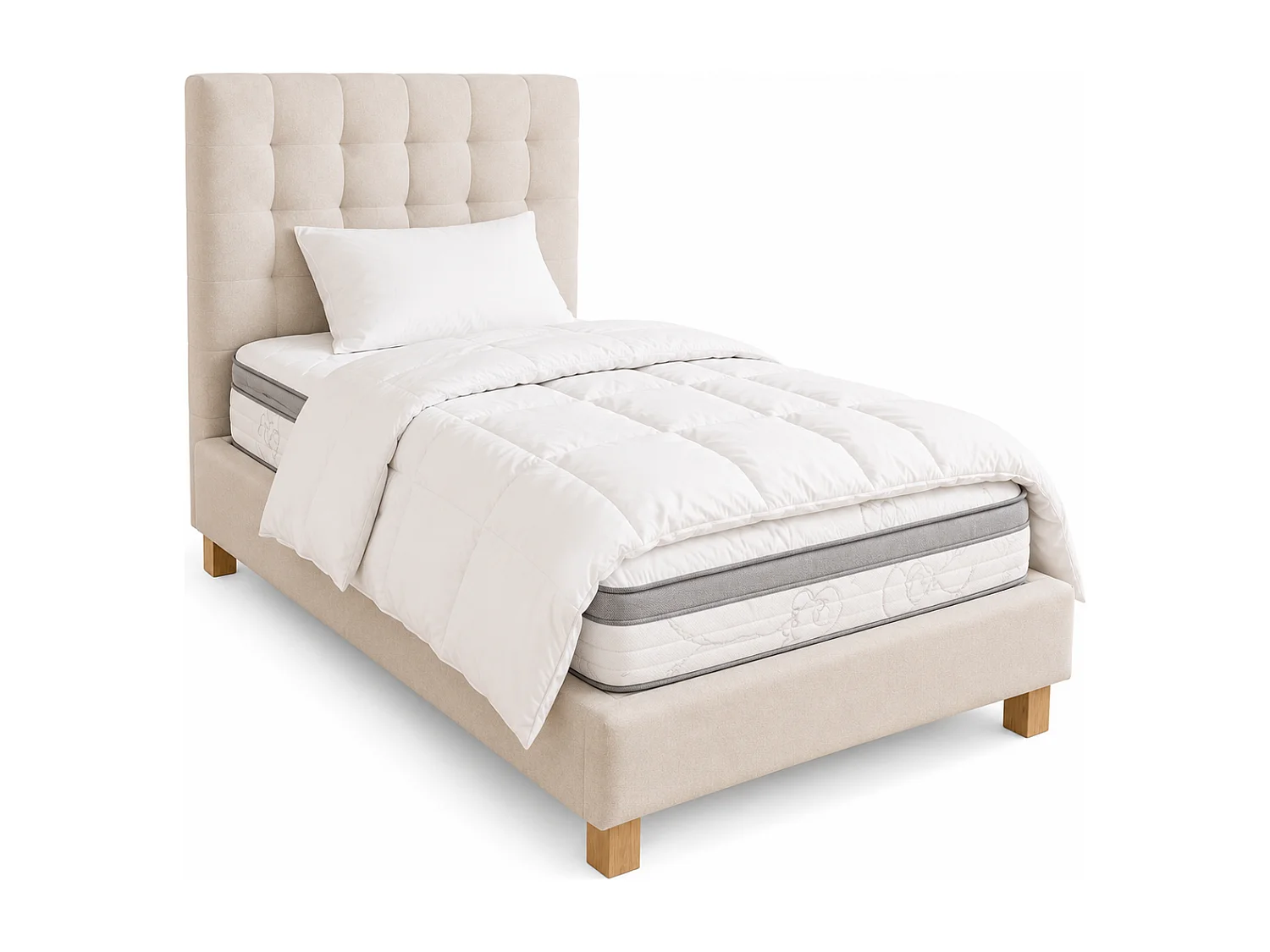 Ensemble matelas Relaxation, 27 cm, ressorts ensachés, Equilibré, réversible + sommier beige ep20cm + oreiller + couette + Tête de Lit