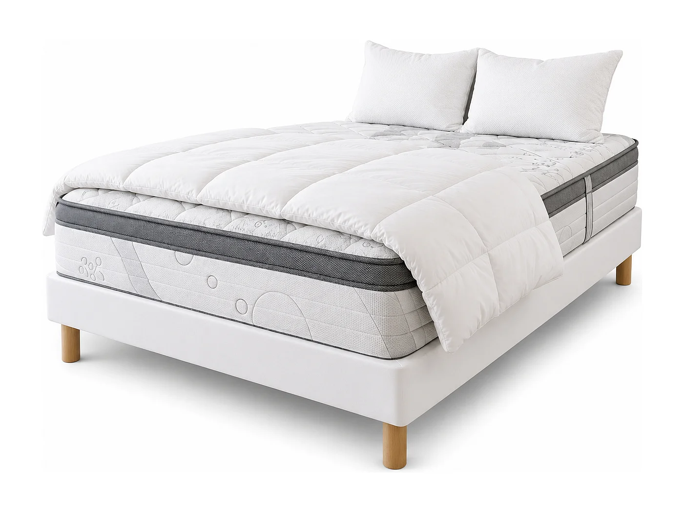 Ensemble matelas Relaxation, 27 cm, ressorts ensachés, Equilibré, réversible + sommier blanc ep 13cm + oreiller + couette