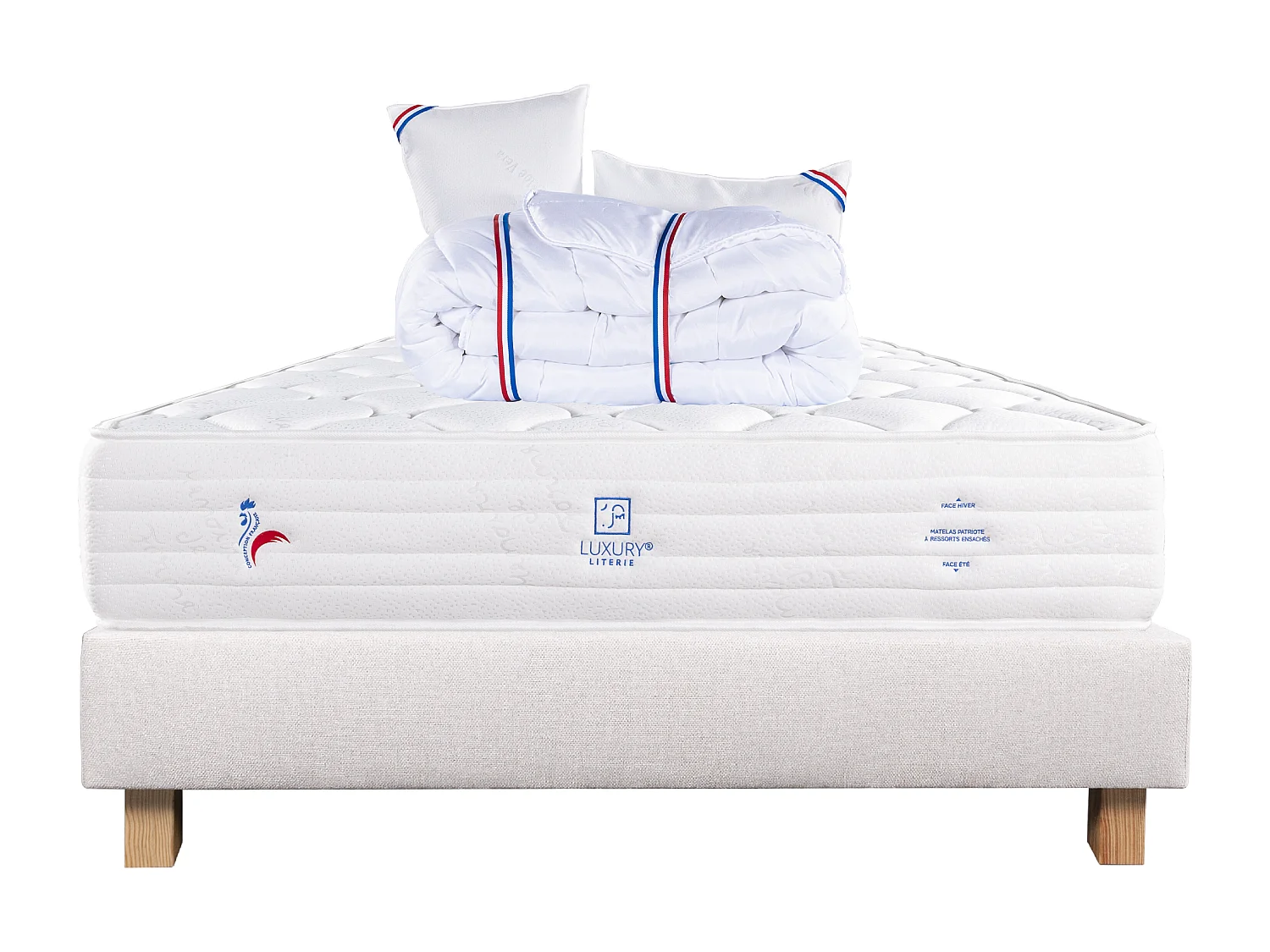 Ensemble matelas Patriote, 30 cm, ressorts ensachés, ferme, réversible + sommier beige ep20cm + oreiller + couette