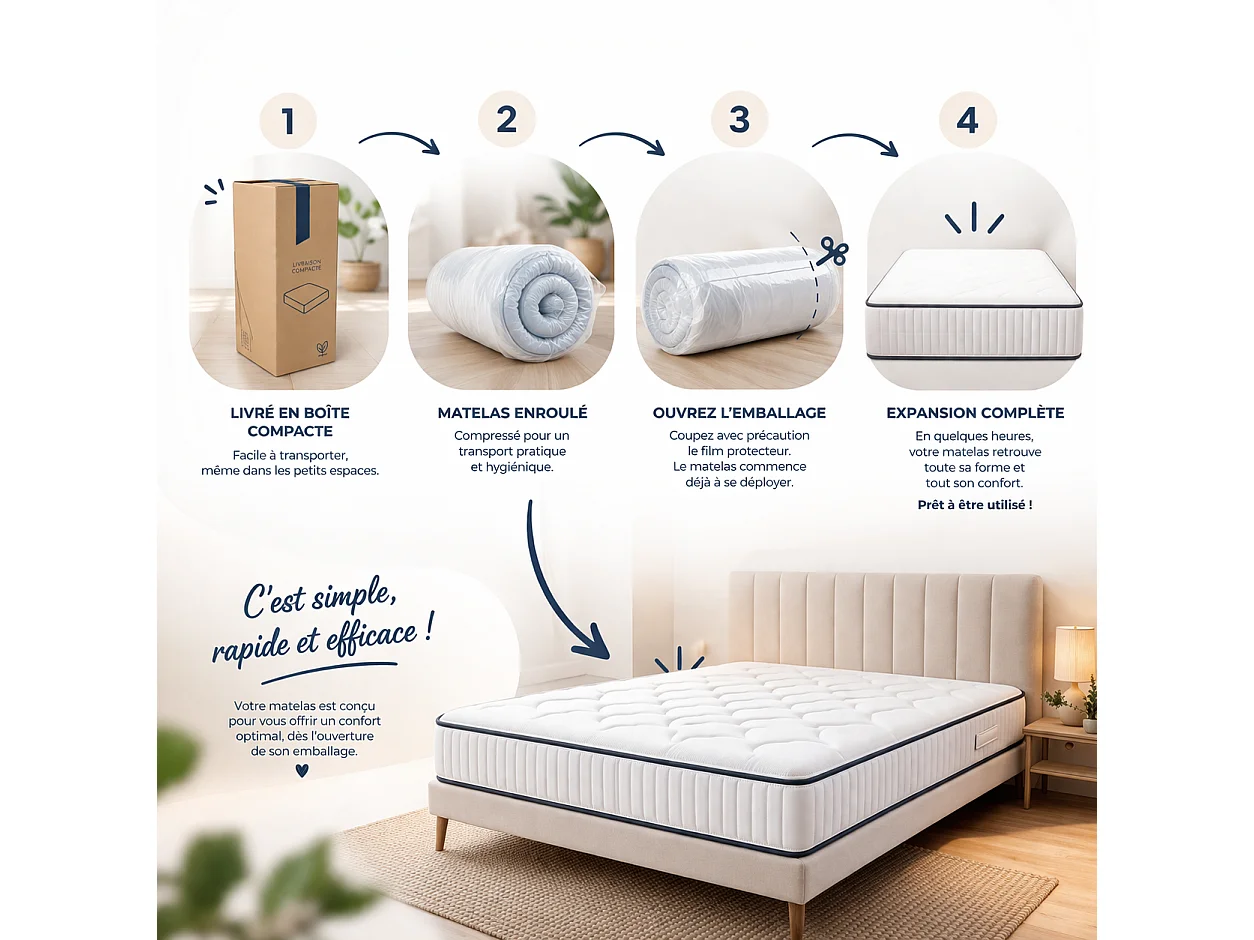 Ensemble matelas Patriote, 30 cm, ressorts ensachés, ferme, réversible + sommier beige ep20cm + oreiller + couette