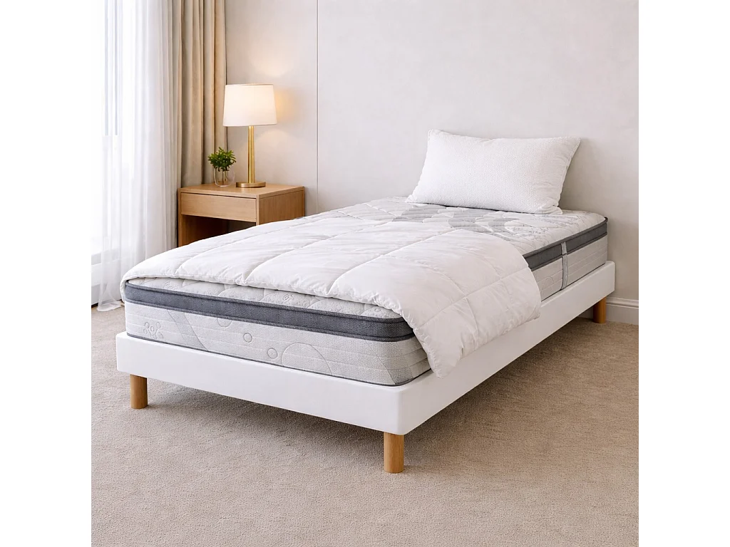 Ensemble matelas Relaxation, 27 cm, ressorts ensachés, Equilibré, réversible + sommier blanc ep 13cm + oreiller + couette