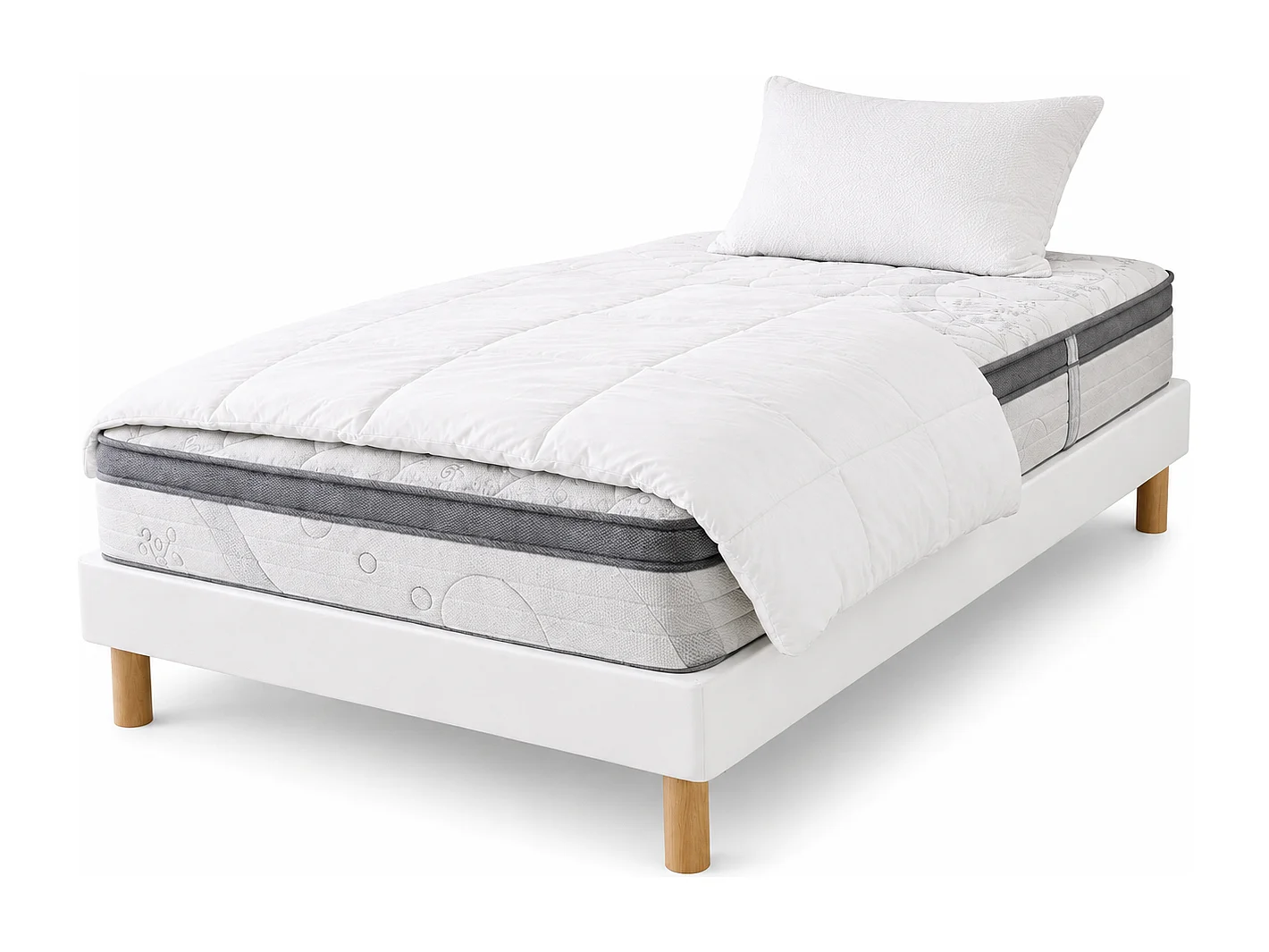 Ensemble matelas Relaxation, 27 cm, ressorts ensachés, Equilibré, réversible + sommier blanc ep 13cm + oreiller + couette