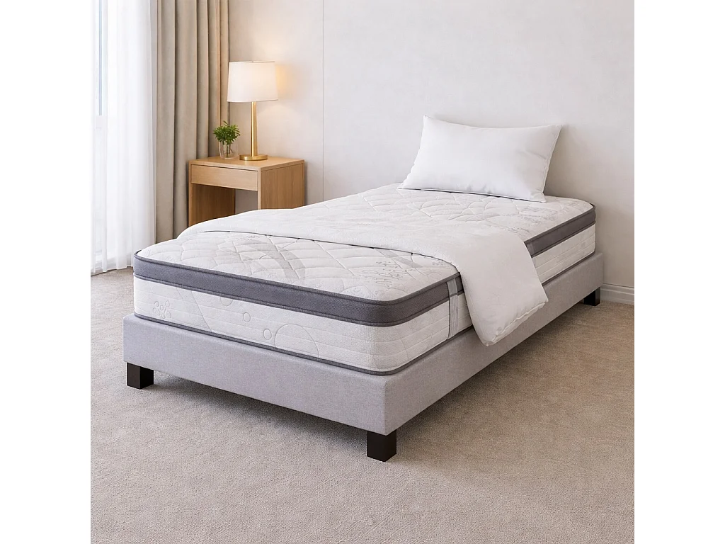 Ensemble matelas Relaxation, 27 cm, ressorts ensachés, Equilibré, réversible + sommier gris ep20cm + oreiller + couette
