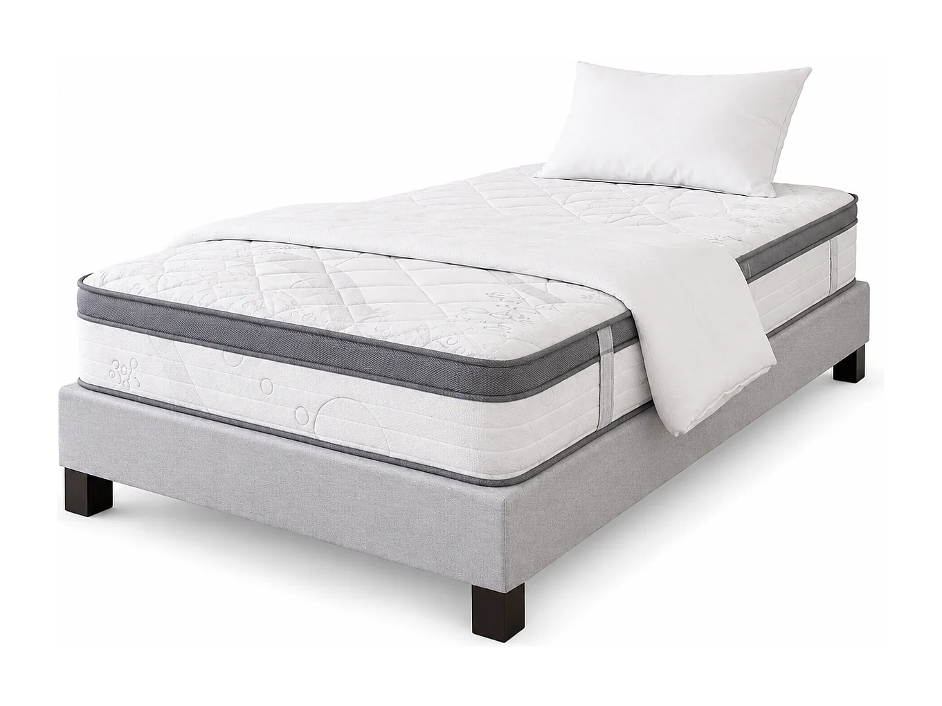 Ensemble matelas Relaxation, 27 cm, ressorts ensachés, Equilibré, réversible + sommier gris ep20cm + oreiller + couette