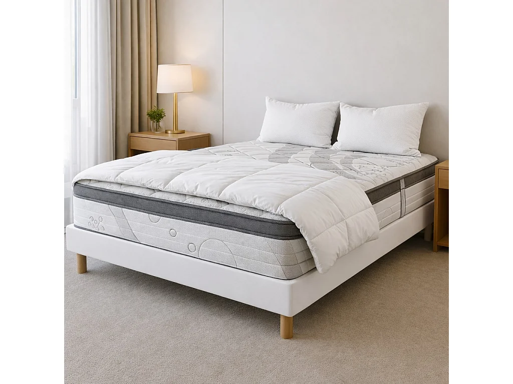 Ensemble matelas Relaxation, 27 cm, ressorts ensachés, Equilibré, réversible + sommier blanc ep 13cm + oreiller + couette