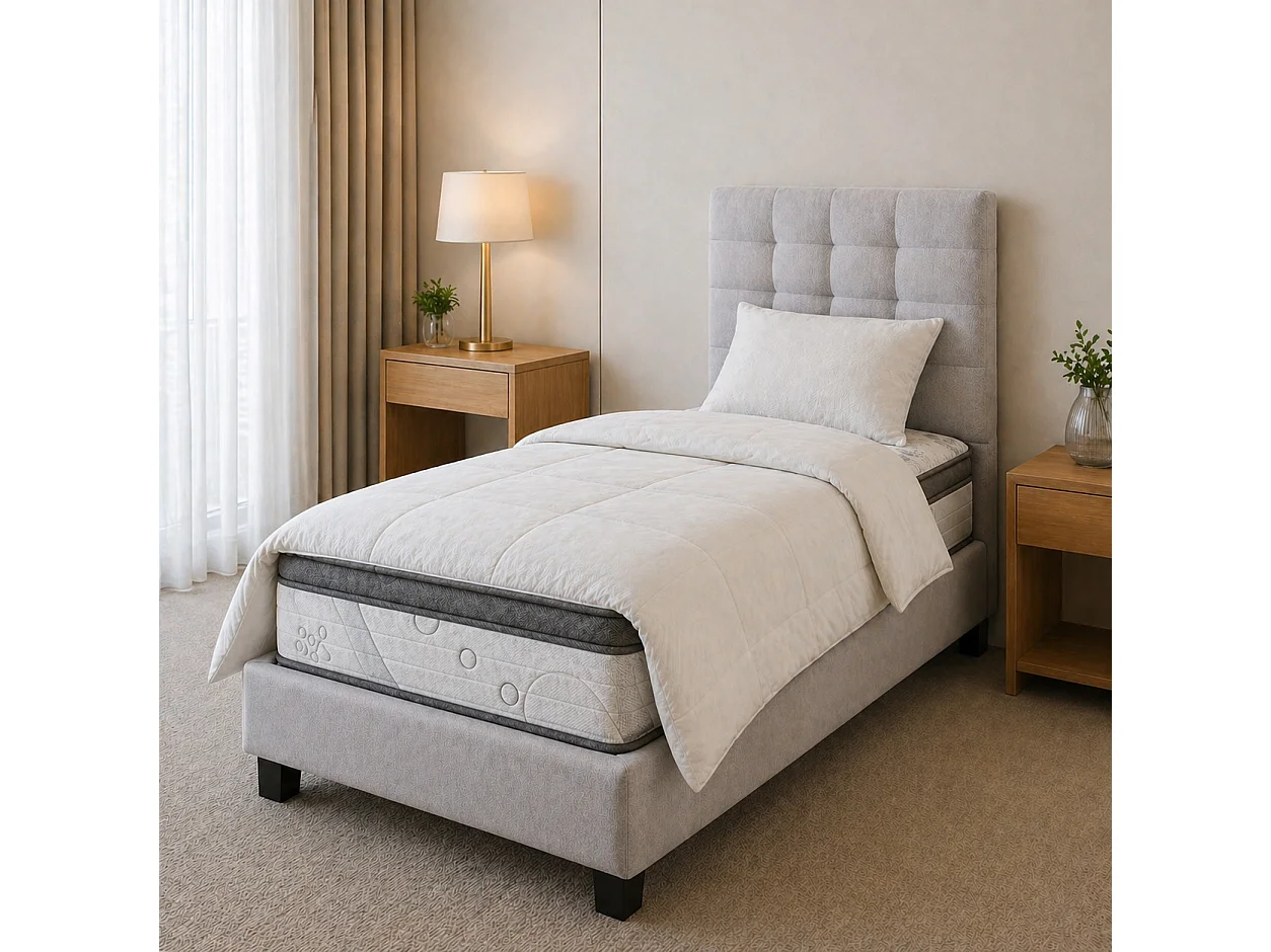Ensemble matelas Relaxation, 27 cm, ressorts ensachés, Equilibré, réversible + sommier gris ep20cm + oreiller + couette + Tête de Lit