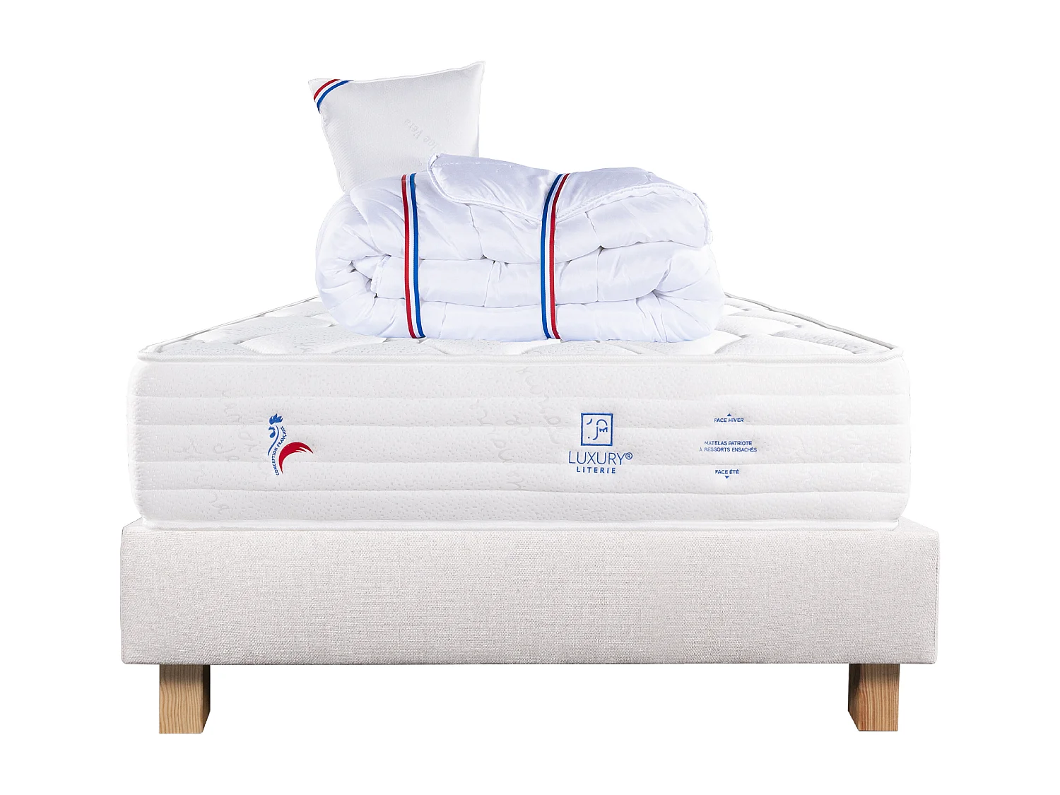 Ensemble matelas Patriote, 30 cm, ressorts ensachés, ferme, réversible + sommier beige ep20cm + oreiller + couette