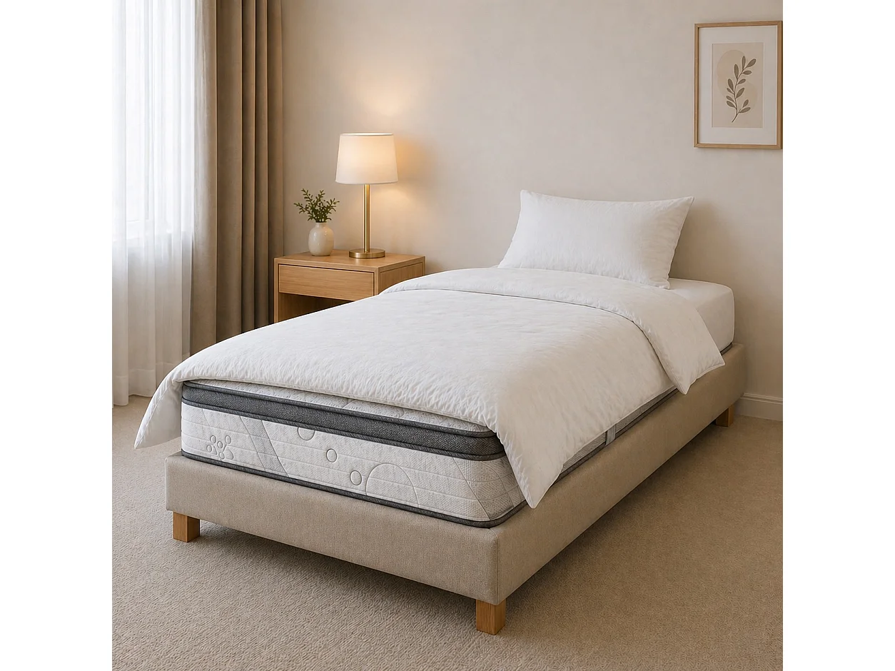 Ensemble matelas Relaxation, 27 cm, ressorts ensachés, Equilibré, réversible + sommier beige ep20cm + oreiller + couette