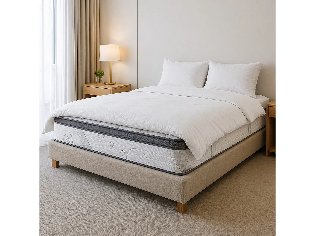 Ensemble matelas Relaxation, 27 cm, ressorts ensachés, Equilibré, réversible + sommier beige ep20cm + oreiller + couette