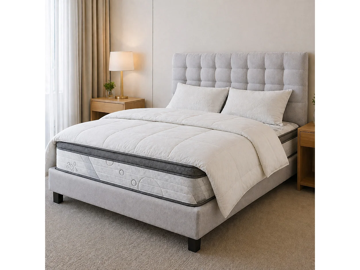Ensemble matelas Relaxation, 27 cm, ressorts ensachés, Equilibré, réversible + sommier gris ep20cm + oreiller + couette + Tête de Lit