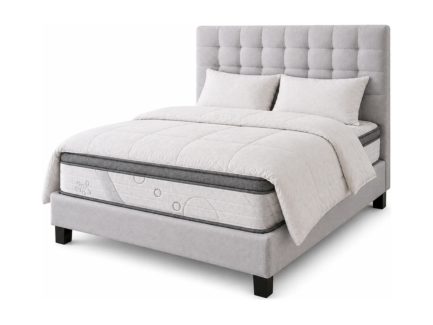 Ensemble matelas Relaxation, 27 cm, ressorts ensachés, Equilibré, réversible + sommier gris ep20cm + oreiller + couette + Tête de Lit