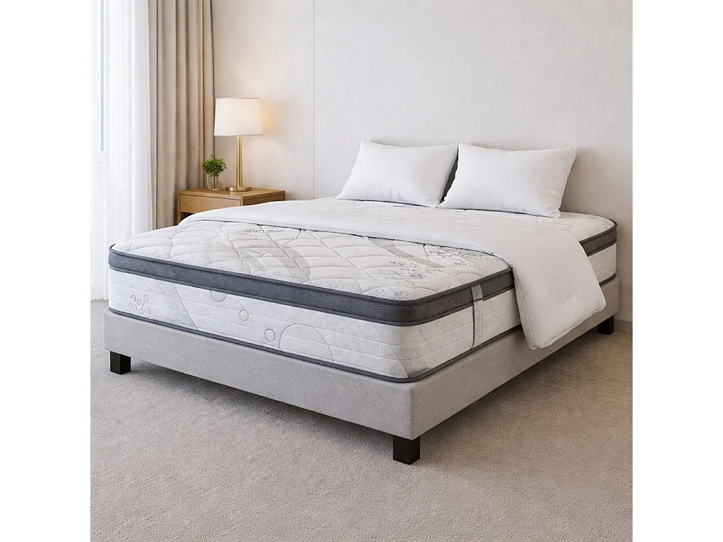 Ensemble matelas Relaxation, 27 cm, ressorts ensachés, Equilibré, réversible + sommier gris ep20cm + oreiller + couette