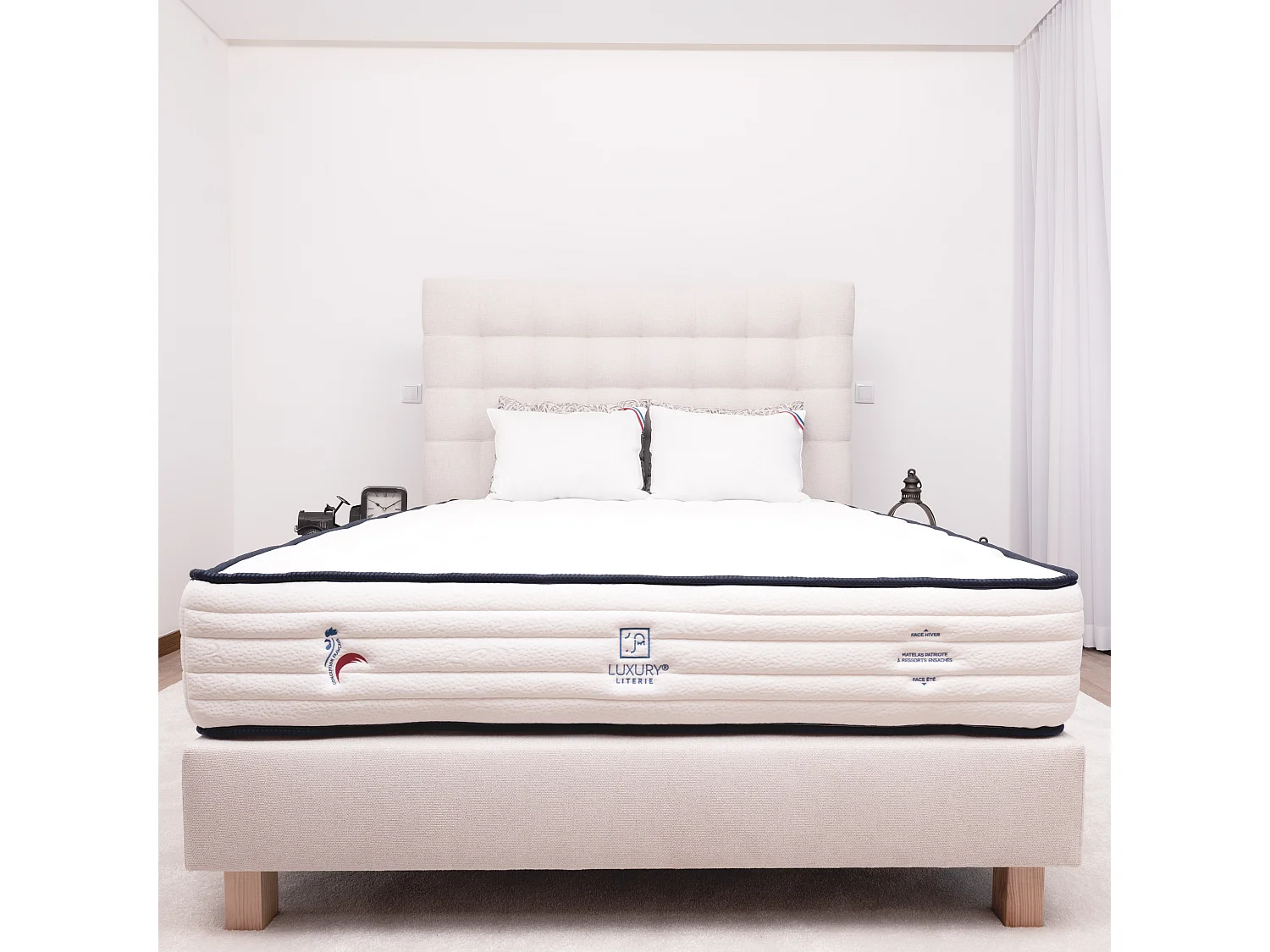 Sommier tapissier, beige, Gamme Prestige Hôtel, bois massif + pieds offerts