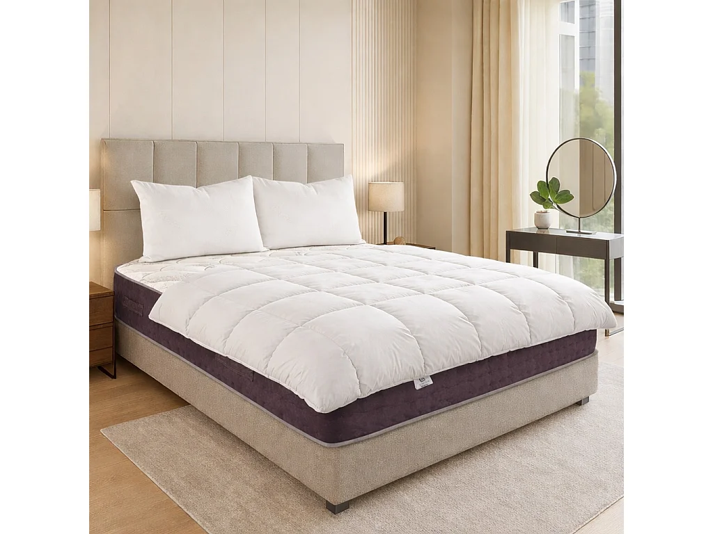 Matelas Sérénité, 27cm, Ressorts Ensachés, Mousse Haute Densité, ergonomique, Soutien très ferme + oreiller(s) + couette