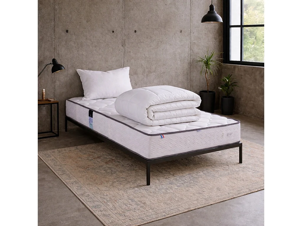Matelas Iris, 20 cm, mousse haute densité, ferme, réversible + oreiller(s) + couette